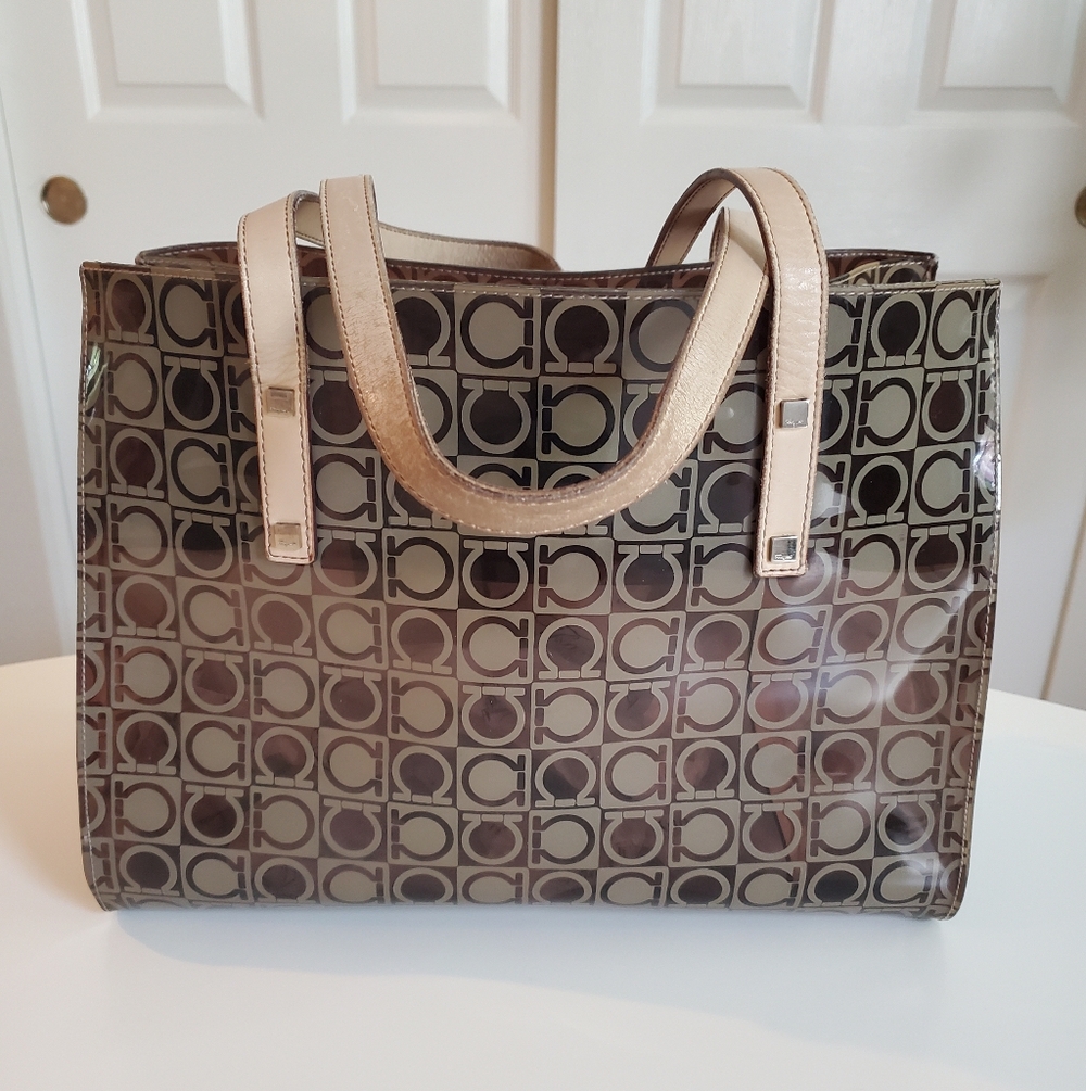 Salvatore Ferragamo Gancini Logo Tote Bag in brown with silver accents